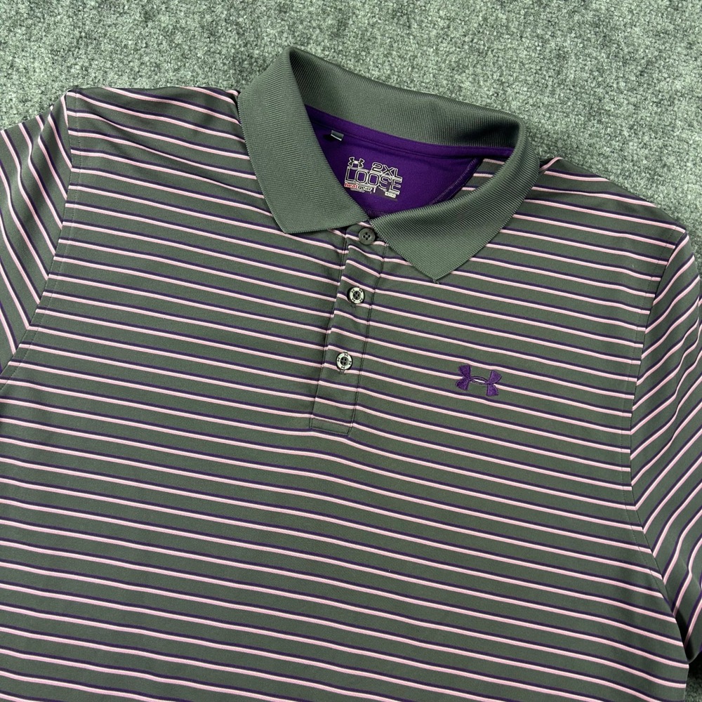 Under Armour Polo Mens 2XL Grey Purple Pink Striped HeatGear Loose Golf Shirt